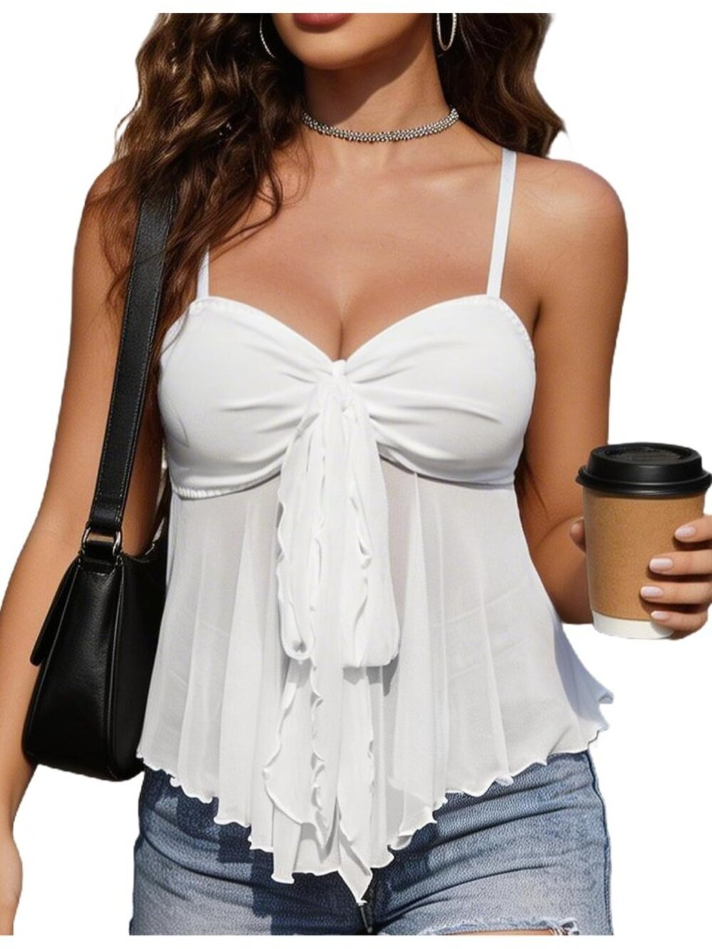 Women's White Bralettes Mesh Flowy Spaghetti Strap Baby Doll Mermaid Tank Top